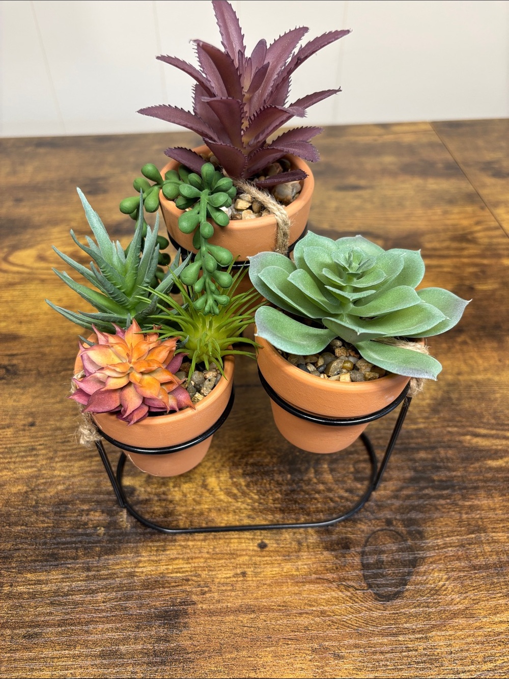 Set of 3 Mini Terracotta Succulent Pots with Metal Stand